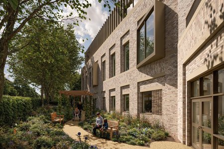 Artist's impression of a wildflower garden to the east side of the new Oncology building. Patients and carers sit on benches and there is a central path giving pedestrian and wheelchair access to the building.