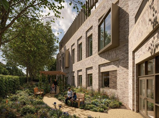 Artist's impression of a wildflower garden to the east side of the new Oncology building. Patients and carers sit on benches and there is a central path giving pedestrian and wheelchair access to the building.