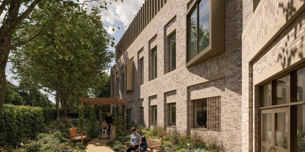 Artist's impression of a wildflower garden to the east side of the new Oncology building. Patients and carers sit on benches and there is a central path giving pedestrian and wheelchair access to the building.