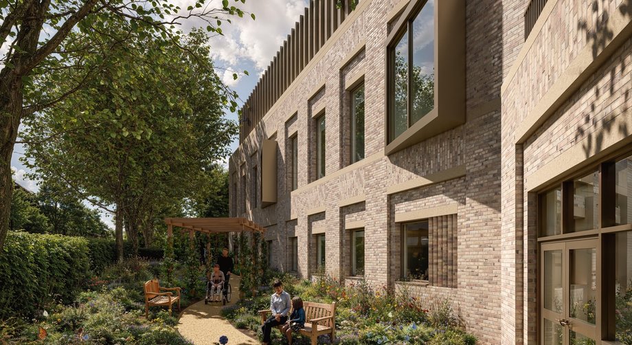 Artist's impression of a wildflower garden to the east side of the new Oncology building. Patients and carers sit on benches and there is a central path giving pedestrian and wheelchair access to the building.