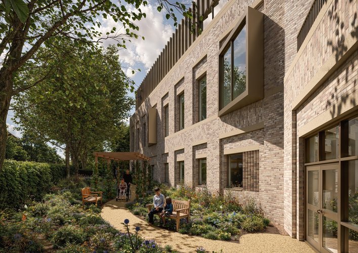 Artist's impression of a wildflower garden to the east side of the new Oncology building. Patients and carers sit on benches and there is a central path giving pedestrian and wheelchair access to the building.