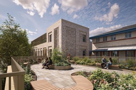 Artist's impression of the Roof Garden of the new Oncology building. Patients and carers sit on benches in the sunshine, within a pleasant paved area, with raised beds of shrubs and flowers.