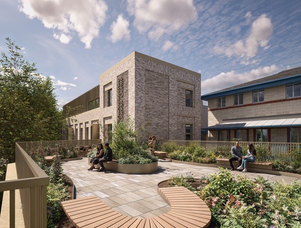 Artist's impression of the Roof Garden of the new Oncology building. Patients and carers sit on benches in the sunshine, within a pleasant paved area, with raised beds of shrubs and flowers.