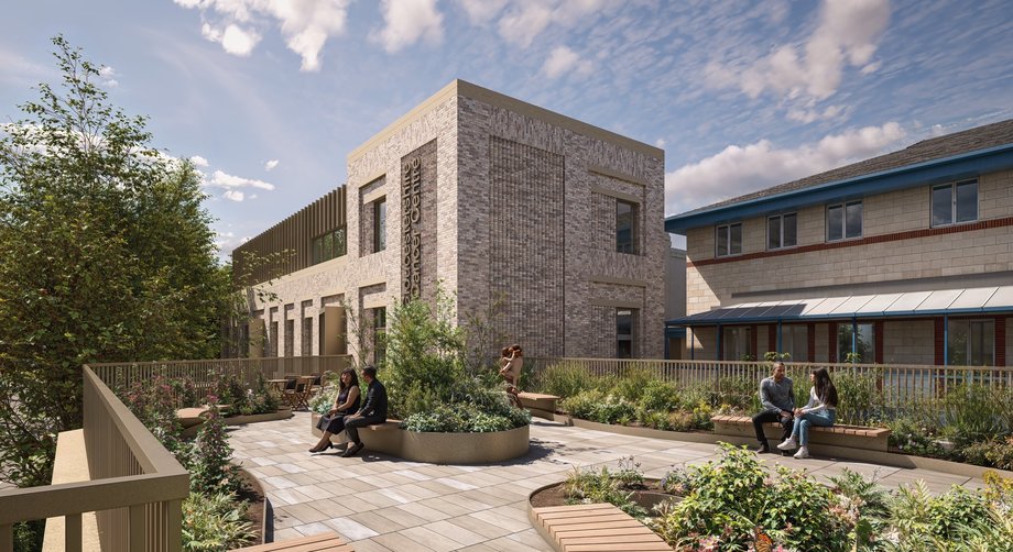 Artist's impression of the Roof Garden of the new Oncology building. Patients and carers sit on benches in the sunshine, within a pleasant paved area, with raised beds of shrubs and flowers.