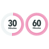 Circular timer showing 30 minutes and 60 minutes with grey and pink segments.