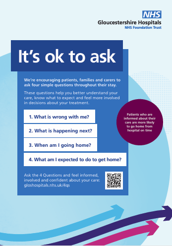 Blue NHS-style poster with the heading "It's ok to ask", four white question boxes and a QR code, set against a blue background with curved shapes and arrows.