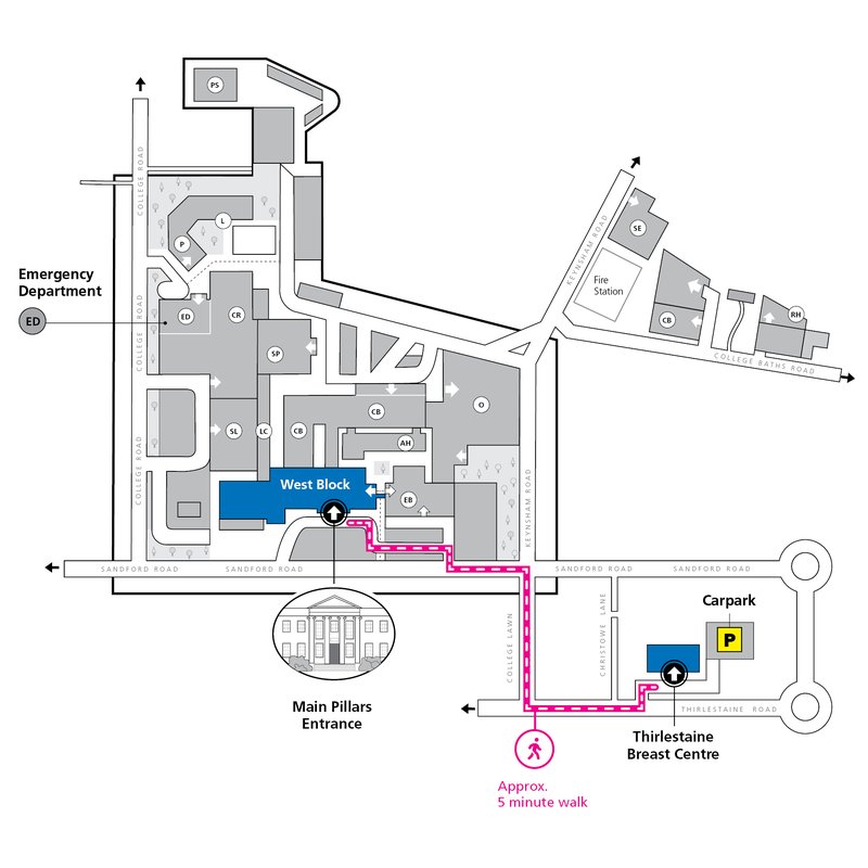 Map showing the route between Cheltenham General Hospital and the Thirlestaine Breast Centre. The West Block, Main Pillars Entrance and Breast Centre are highlighted, with a green route showing an approximately one-minute drive to the Breast Centre car park.