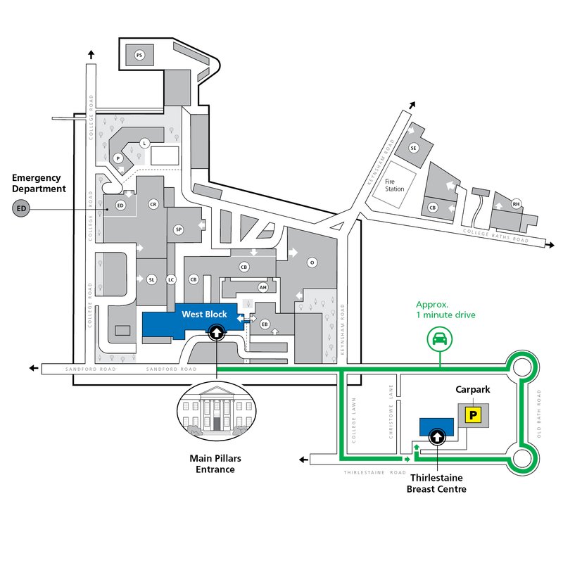 Map showing the route between Cheltenham General Hospital and the Thirlestaine Breast Centre. The West Block, Main Pillars Entrance and Breast Centre are highlighted, with a green route showing an approximately one-minute drive to the Breast Centre car park.