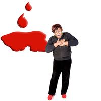 Two red droplets above a large red puddle on a transparent background, with a person clutching their chest with a pained expression, standing against a white background.