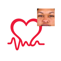 Red heart with an ECG line, with a cropped close-up of a person’s eyes positioned over part of the heart shape.