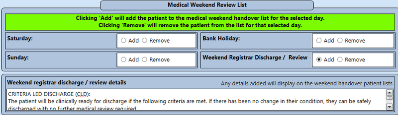 screenshot showing weekend discharge option on EPR for Criteria Led Discharge