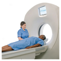 A nurse prepares a patient for a CT scan.