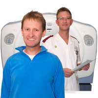 Two men standing in front of an MRI scanner, one in a blue sweater and the other in a white medical uniform holding a clipboard.