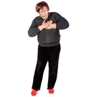 Person clutching their chest with a pained expression, standing against a white background.