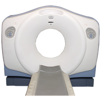 Front view of a CT scanner with a padded table extending towards the viewer.