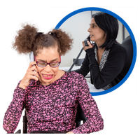 Two women on phone calls; one in a floral top smiling, the other in the background focused.