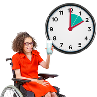 Woman in an orange dress in a wheelchair raising a glass and smiling, with a clock showing a shaded area between 12 and 2, indicating a 2 hour time span.