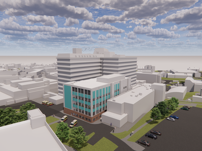 Architectural visualisation of a hospital development showing a new multi-storey clinical building with teal-coloured panels and large windows beside a taller existing tower block.