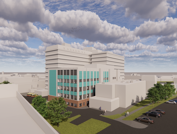 Architectural visualisation of a hospital development showing a new multi-storey clinical building with teal-coloured panels and large windows beside a taller existing tower block.