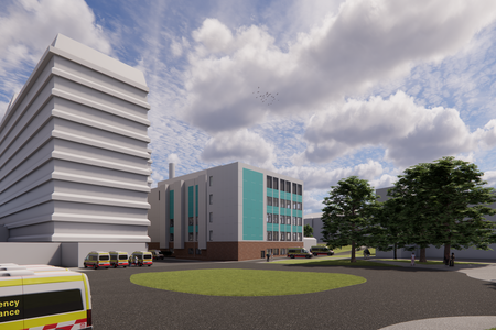 Architectural visualisation of a hospital development showing a new multi-storey clinical building with teal-coloured panels and large windows beside a taller existing tower block.