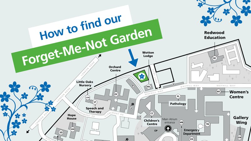 Graphic map showing the location of the Forget Me Not baby loss garden at Gloucestershire Royal Hospital