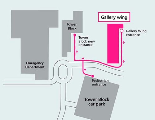 Map showing location of gallery wing at gloucestershire royal hospital
