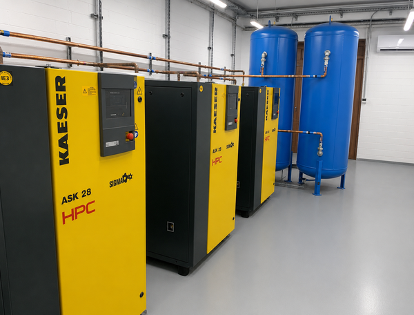 A newly installed medical air plant room featuring three yellow Kaeser air compressors connected to two large blue air receiver vessels. Copper pipework runs throughout the clean, purpose-built facility, which has white walls, bright lighting and a sealed grey floor. The upgraded infrastructure is designed to provide a dependable supply of medical air to support clinical services.