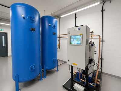 Two large blue air receiver vessels stand alongside a digital control panel within a newly installed medical air plant room. The equipment is connected by copper pipework and monitoring systems that help regulate and maintain a reliable supply of medical air across the hospital. The clean, modern plant room features bright lighting, white walls and specialist engineering infrastructure.