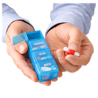 Hands holding a blue pill organiser and three pills.