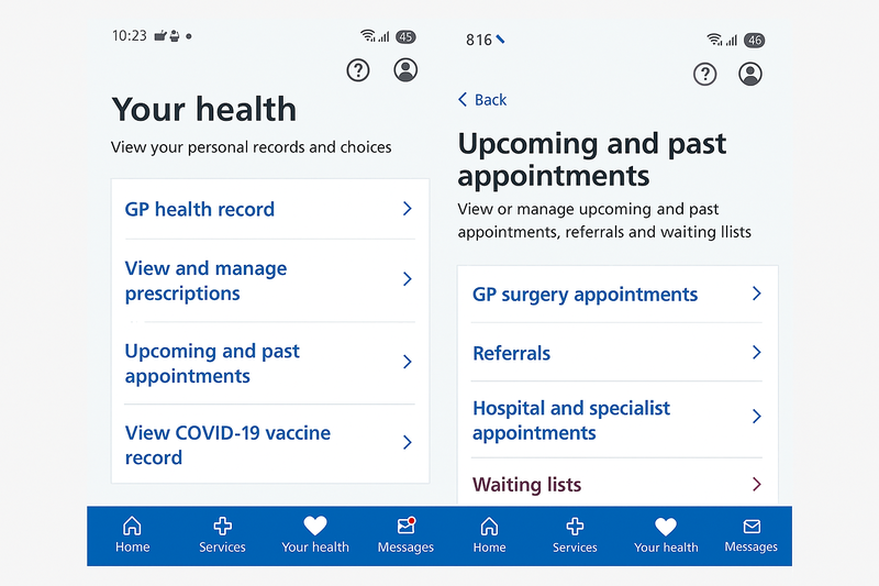 Screenshots showing NHS app choices on a mobile device