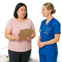 Patient holding a clipboard talking to a nurse