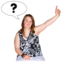 Woman raising her arm with a speech bubble containing a question mark.