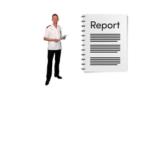 Healthcare staff member in uniform holding papers, standing beside a large notebook labelled “Report”.