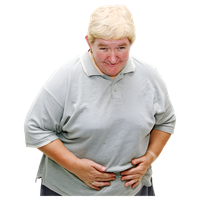 Elderly person in grey shirt holding abdomen in discomfort.