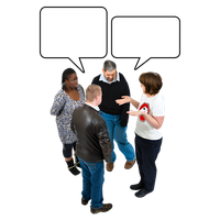 Four people having a conversation with speech bubbles overhead.