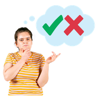 A person in a striped shirt thinking with a checkmark and an 'X' in a thought bubble.