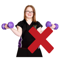 Young person with glasses holding purple dumbbells and smiling with a red cross