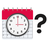 Calendar with a clock showing 2:00 and a question mark.