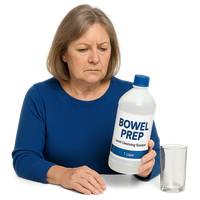 An older woman in a blue sweater holding a bottle of bowel prep solution and looking at it.