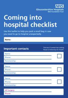 Image of the cover of a 'coming into hospital' checklist, with white text on a blue background